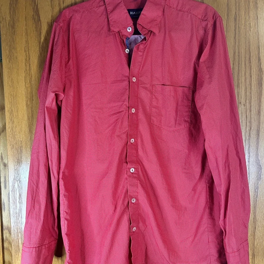 Haupt Germany Men’s Mldern Fit shirt M 39/40 Red Geometric Button Front Long Sle